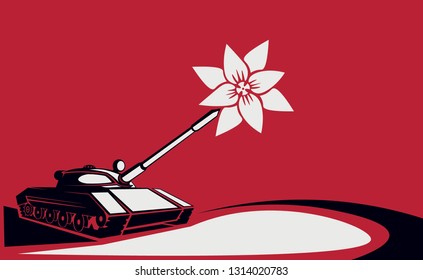 Abstract illustration of a soviet tank. Muzzle flash in shape of flower