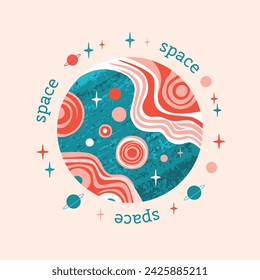 Ilustración abstracta del espacio, planetas, sistema solar. Diseño de estilo plano en colores azul brillante y rojo con texturas.