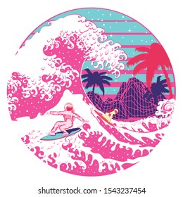Abstract illustration of spaceman surfer and big ocean waves, modern retro style design.