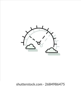Abstrakte Illustration eines Tachos mit Wolken und einem Sonnenaufgang, die Zeit, Geschwindigkeit und Fortschritt in einer konzeptionellen Grafik darstellt