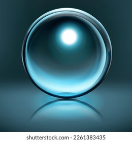 Ilustración abstracta con esfera con brillo y reflexión sobre fondo azul