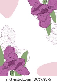 Abstract illustration of spring iris flower. Minimal design, freehand composition, modern style. Elegant poster for a Scandinavian interior. Template for postcards, wedding cards, invitations.