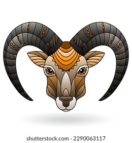 Abstract illustration in stained glass style with a animal head of a RAM, animal isolated on a white background, tone brown