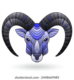 Abstract illustration in stained glass style with a animal head of a RAM, animal isolated on a white background, tone blue