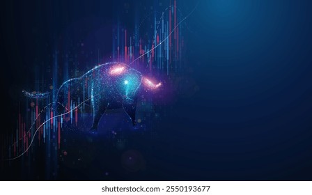 Abstract illustration of stock market bull over increasing graph made of neon particles. Blue geometric background depicting business bullish market financial concept