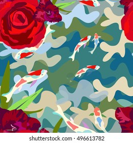 Abstract illustration Style Camo fabric, colorful fish koi (Japanese, Chinese carp) in pond, floral algae and rose background, fashion design vector print, seamless pattern 