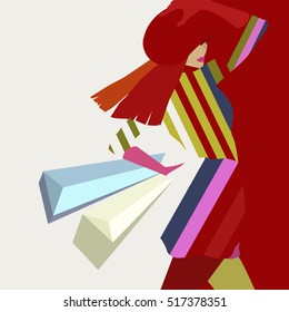 Abstract illustration stylish woman, shopping bags, clothes Collection, striped dress, hat, gloves, fashion art, beauty. Color vector prints, geometric colorful girl, sale, buy, free  background  