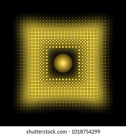 An abstract illustration such as a square shaped button makes small glowing balls, a vector image on a black background with a neon effect in saturated yellow gold colors.
