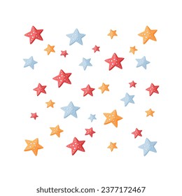 Abstract illustration of summer time concept. Sea Life Decorative square Composition Design with colorful starfish isolated on white. For postcards, nautical party invitations, poster, card, flyer. 