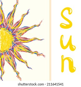 Abstract illustration of sun consist of colored interlaced lines with word sun