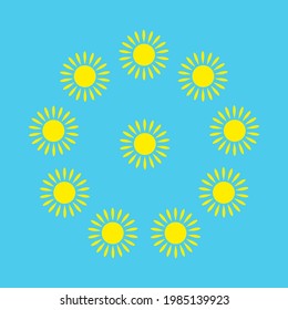 Abstract illustration of the sun on a blue background, surrounded by other suns. Vector.