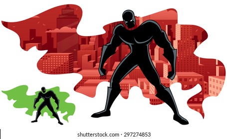 Abstract illustration of superhero and city. No transparency used. Basic (linear) gradients. Version with green cape for custom double exposure included. 