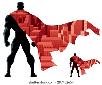 Abstract illustration of superhero and city. No transparency used. Basic (linear) gradients. 2 color versions. 