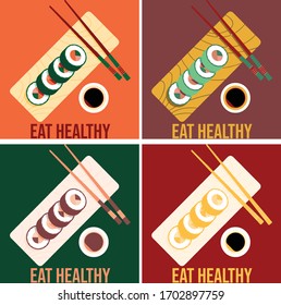 abstract illustration of sushi eat healthy set of color options