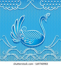 Abstract Illustration Swan, Clouds and Waves Painting in the Style of Russian Folk Art
