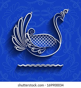 Abstract Illustration Swan, Clouds and Waves Painting in the Style of Russian Folk Art