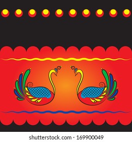 Abstract Illustration Swan, Clouds and Waves Painting in the Style of Russian Folk Art
