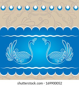 Abstract Illustration Swan, Clouds and Waves Painting in the Style of Russian Folk Art