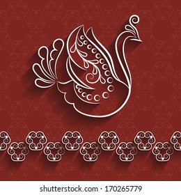 Abstract Illustration Swan, Clouds and Waves Painting in the Style of Russian Folk Art