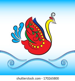 Abstract Illustration Swan, Clouds and Waves Painting in the Style of Russian Folk Art