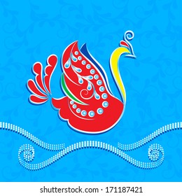Abstract Illustration Swan, Clouds and Waves Painting in the Style of Russian Folk Art