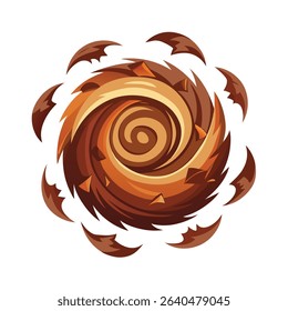Abstract illustration of a swirling energy vortex with bursting brown elements on white background
