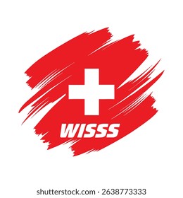 Abstract illustration of the Swiss flag with white cross and red paint brush strokes. Represents Switzerland’s identity in a creative and modern style. Perfect for use in travel ads, educational conte