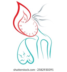 Abstract illustration symbolizing burnout and mental health. Features a clock as time pressure, a flame for emotional exhaustion, and a cracked heart representing emotional fragility and distress.