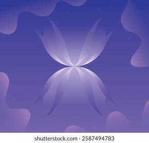 An abstract illustration of a symmetrical flower-like shape with petals in shades of purple and white against a purple background.