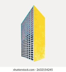 Abstract illustration of a tall building with a bright yellow side. The building stands tall, showcasing a modern architectural design with a vibrant yellow facade. Vintage art illustration vector.
