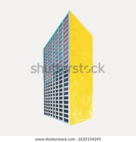 Abstract illustration of a tall building with a bright yellow side. The building stands tall, showcasing a modern architectural design with a vibrant yellow facade. Vintage art illustration vector.