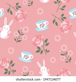 Abstract illustration of tea cup floral elements and bunny icons against pink background. easter festivity celebration illustration concept