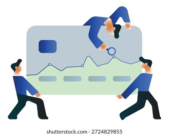 Ilustración Abstractas de trabajo en equipo analizando datos financieros, tablero de control de negocios y concepto de tarjeta de crédito.