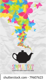 Abstract illustration of teapot with butterflies on a paper-background. Place for your text.