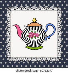 Abstract illustration of teapot with roses on lace frame and polka dot background