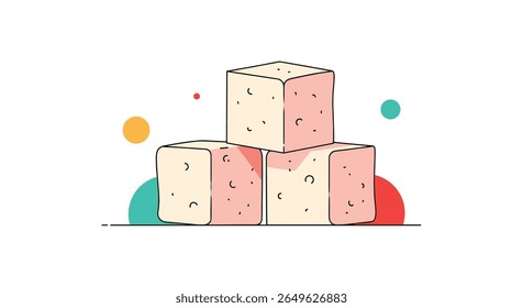 Abstract illustration of textured cubes stacked together with colorful circles and arcs providing a whimsical visual