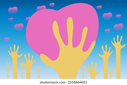 Abstract illustration of the theme of unity, hands reaching out to reach togetherness, heart symbol