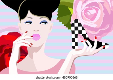 Abstract  illustration of thinking girl, shoes pattern in square White and black , floral background with red pink roses, art fashion, color vector design print beauty, woman shop, sale, discount, buy