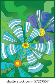 Abstract illustration if three daisy-like flowers on green background
