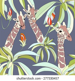 Abstract illustration of three giraffes on the tropical background, red flowers, green leaves, vector fashion design print, color seamless pattern
