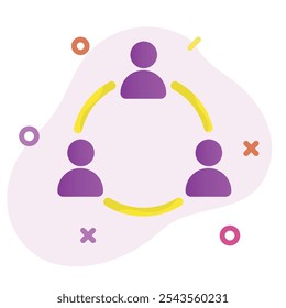 Abstract illustration with three purple figures connected by yellow lines, symbolizing teamwork and collaboration. Colorful geometric shapes add a playful, modern touch.