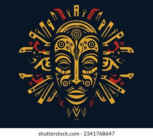 Abstract illustration of traditional African ritual mask. Flat vector illustration. Ethnic mask for t-shirt design, decoration, printing.