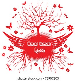 Abstract illustration with tree growing out from two wings, roots, flowers, butterflies and dragonflies. Spring design