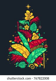 Abstract Illustration Of A Tropical Christmas Tree Made Of Leaves, Flowers And Balls