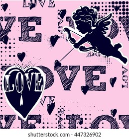 Abstract illustration for a t-shirt.Cupid angel and creative design for girls. Fashion illustration of a figure in the art Nouveau style for clothes. Girlish print with angel, heart