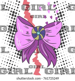 Abstract illustration for t-shirts. Background barrette and creative design for girls. Fashion illustration of a figure in the art Nouveau style for clothes. Maiden print heart