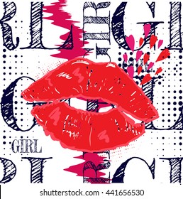 Abstract illustration for t-shirts. Background with kiss red lips and creative design for girls. Fashion illustration of a figure in the art Nouveau style for clothes. Girlish print with  lips, hearts