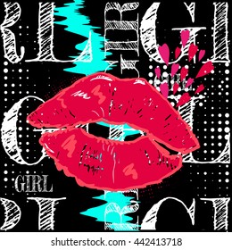 Abstract illustration for t-shirts. Background with kiss red lips and creative design for girls. Fashion illustration of a figure in the art Nouveau style for clothes. Girlish print with lips, hearts