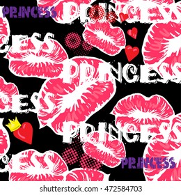 Abstract illustration for t-shirts. Background with kiss red lips and creative design for girls. Fashion illustration of a figure in the art Nouveau style for clothes. Girlish print with lips, hearts