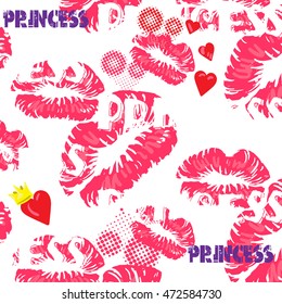 Abstract illustration for t-shirts. Background with kiss red lips and creative design for girls. Fashion illustration of a figure in the art Nouveau style for clothes. Girlish print with lips, hearts